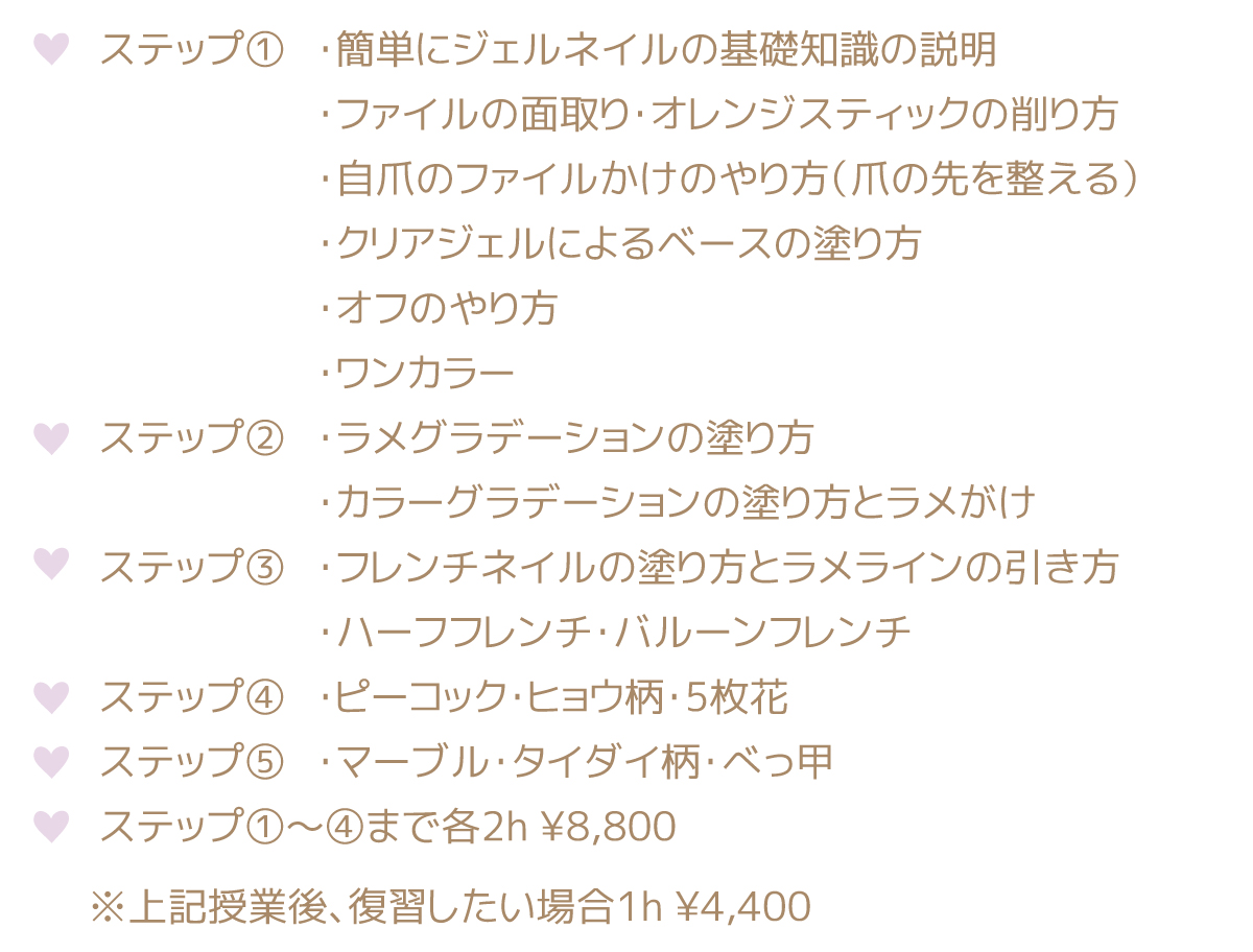 「スクール」ステップ①・簡単にジェルネイルの基礎知識の説明
・ファイルの面取り・オレンジスティックの削り方
・自爪のファイルかけのやり方（爪の先を整える）
・クリアジェルによるベースの塗り方
・オフのやり方
・ワンカラー
ステップ②・ラメグラデーションの塗り方
・カラーグラデーションの塗り方とラメがけ
ステップ③・フレンチネイルの塗り方とラメラインの引き方
・ハーフフレンチ・バルーンフレンチ
ステップ④・ピーコック・ヒョウ柄・5枚花
ステップ⑤・マーブル・タイダイ柄・べっ甲
ステップ①〜④まで各2h ¥8,000
※上記授業後、復習したい場合1h ¥4,000